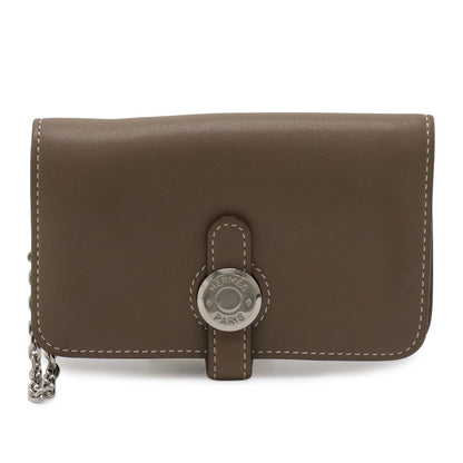 Hermes Dogon Key Case Coin Purse Card with Chain Voswift Leather Etoupe Gray