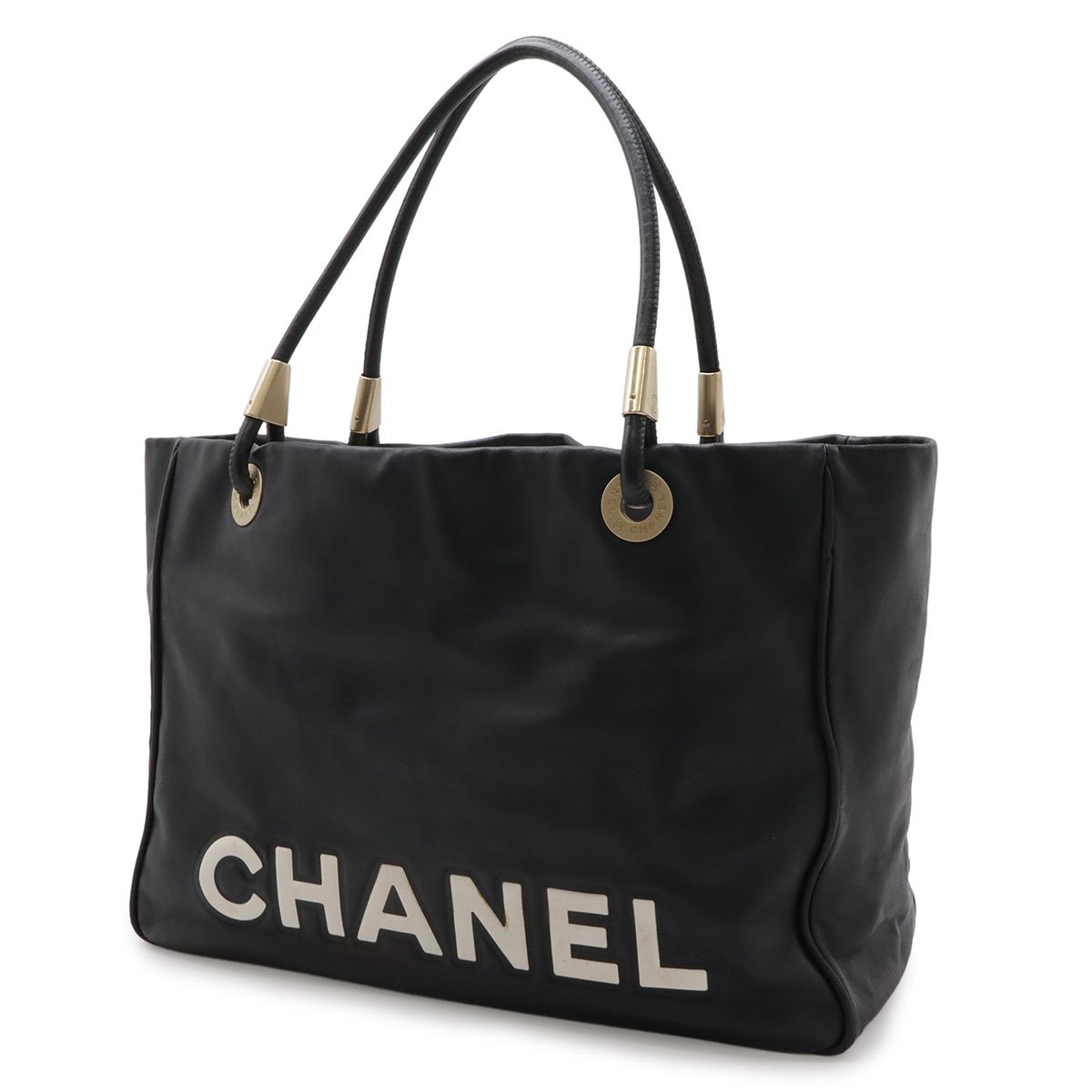 Chanel Camellia Logo Tote Large Shoulder Bag Leather Black Silver — view 2