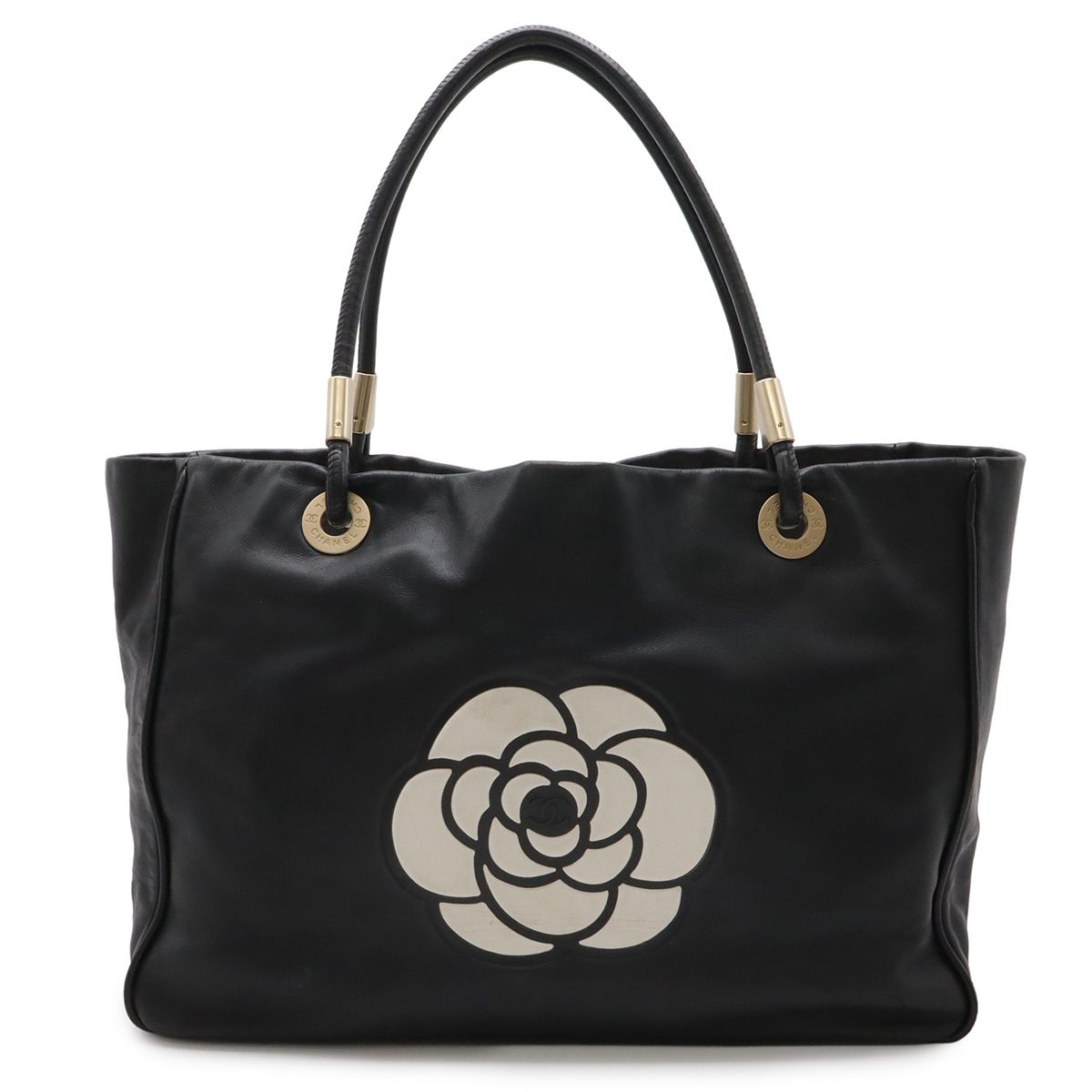 Chanel Camellia Logo Tote Large Shoulder Bag Leather Black Silver