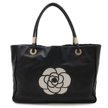 Chanel Camellia Logo Tote Large Shoulder Bag Leather Black Silver