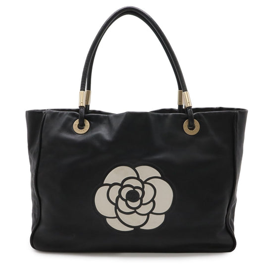 Chanel Camellia Logo Tote Large Shoulder Bag Leather Black Silver