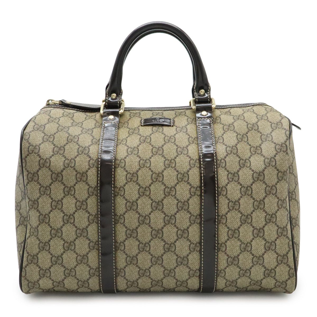 Gucci GG Supreme Mini Boston Bag Leather Khaki Beige Dark Brown Gold