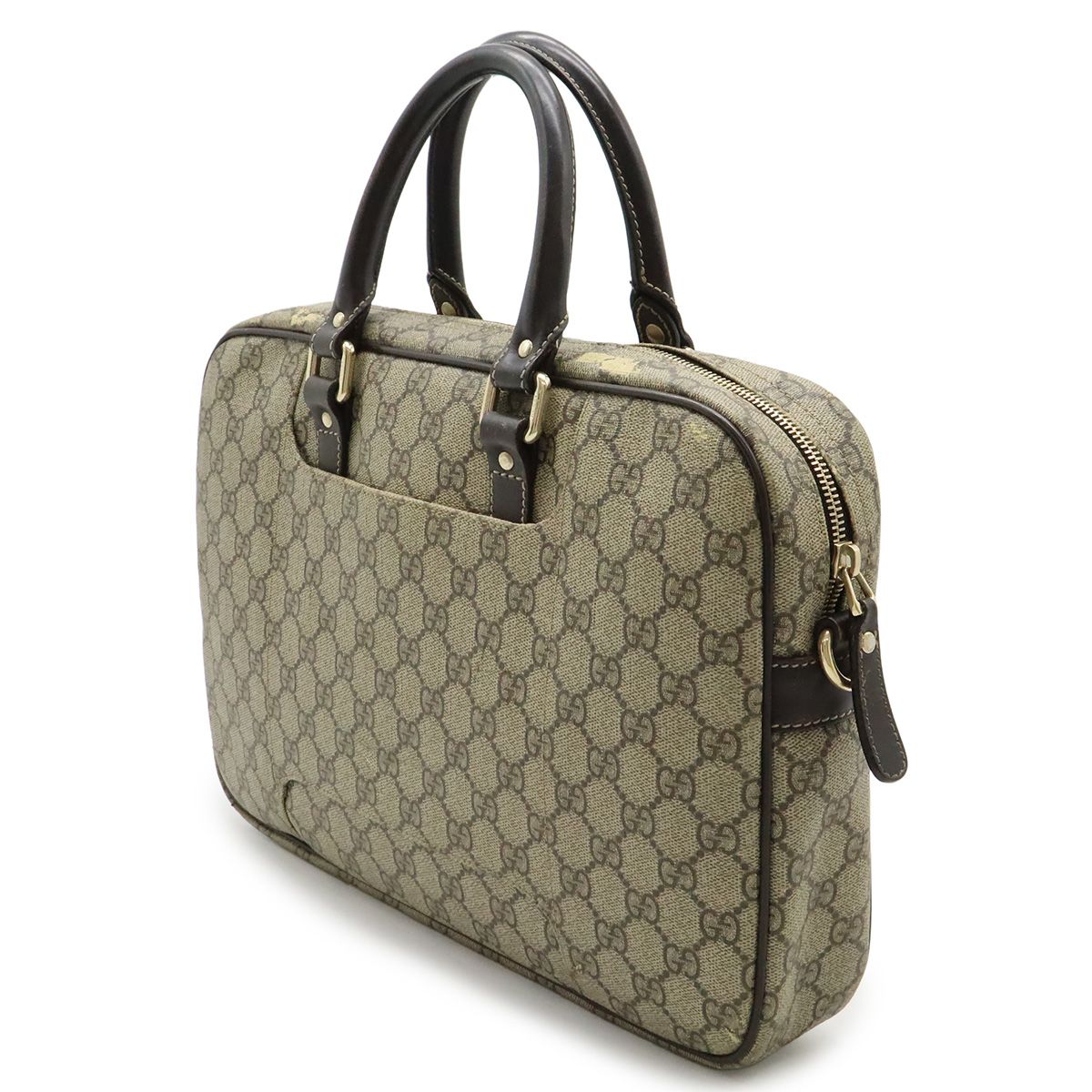 Gucci GG Supreme Business Briefcase Document Purse Leather Beige Dark Brown Gold — view 2