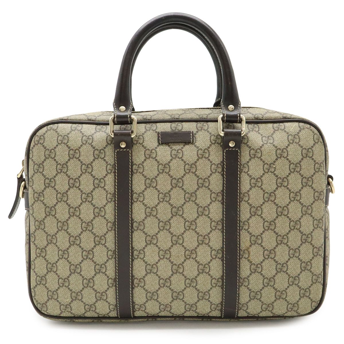 Gucci GG Supreme Business Briefcase Document Purse Leather Beige Dark Brown Gold