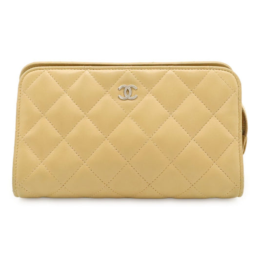 Chanel Quilted CC Logo Makeup Pouch Cosmetic Multi Case Lambskin Beige Silver