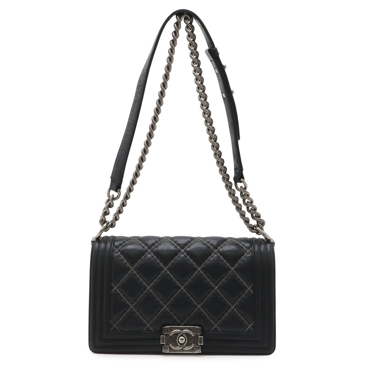 Chanel 25 CC Logo Bead Chain Shoulder Bag Leather Black Antique Silver
