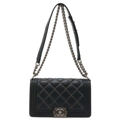 Chanel 25 CC Logo Bead Chain Shoulder Bag Leather Black Antique Silver