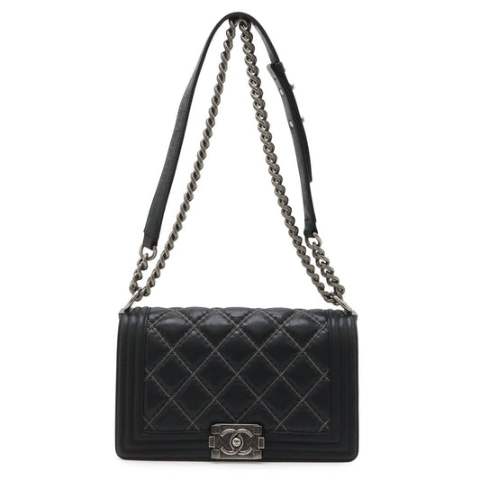 Chanel 25 CC Logo Bead Chain Shoulder Bag Leather Black Antique Silver