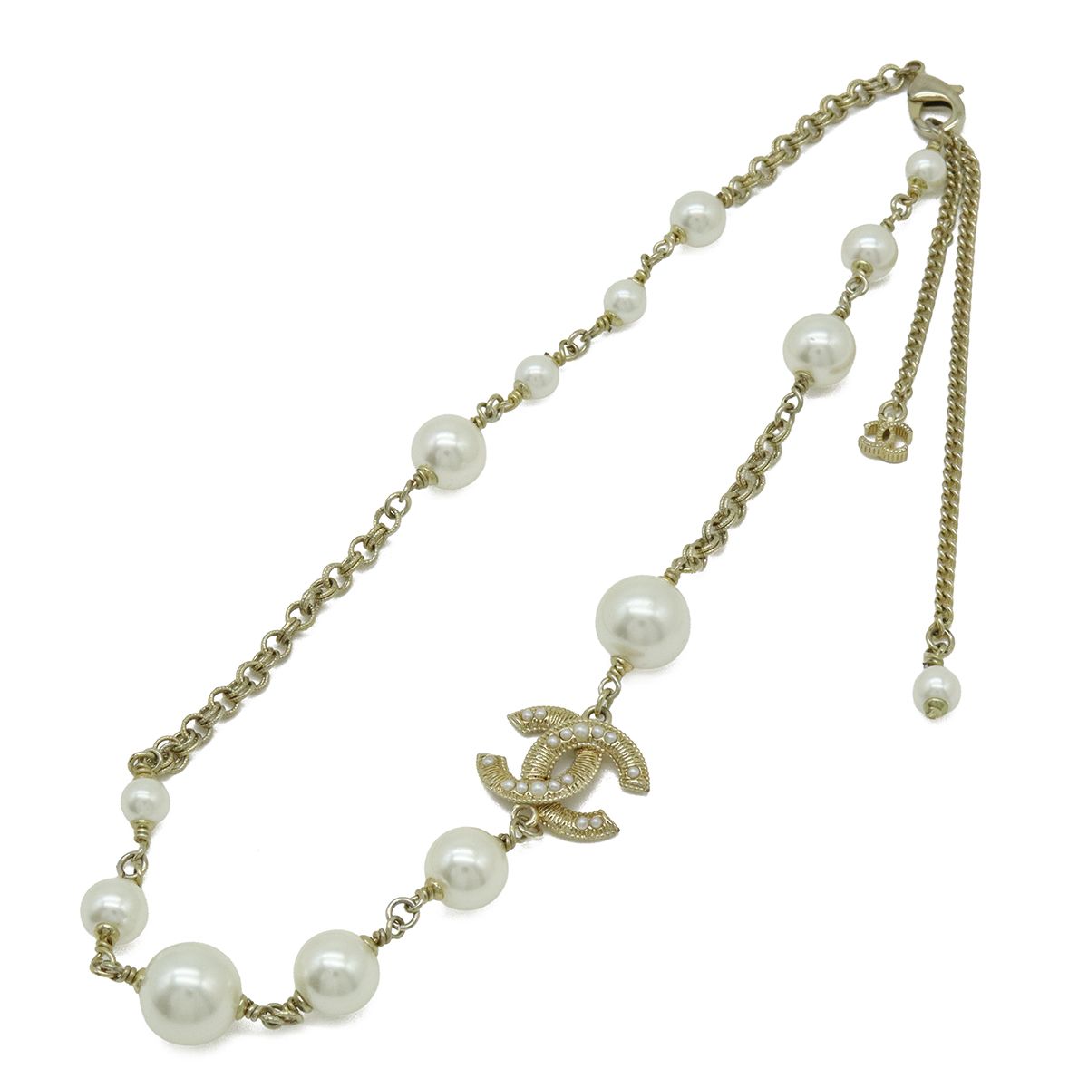 Chanel CC Logo Faux Pearl Necklace Pendant Gold Plated Ivory
