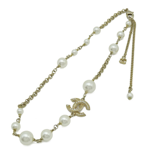 Chanel CC Logo Faux Pearl Necklace Pendant Gold Plated Ivory