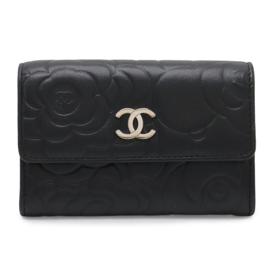 Chanel Camellia Emboss CC Logo Card Case Business Holder Leather Black Silver