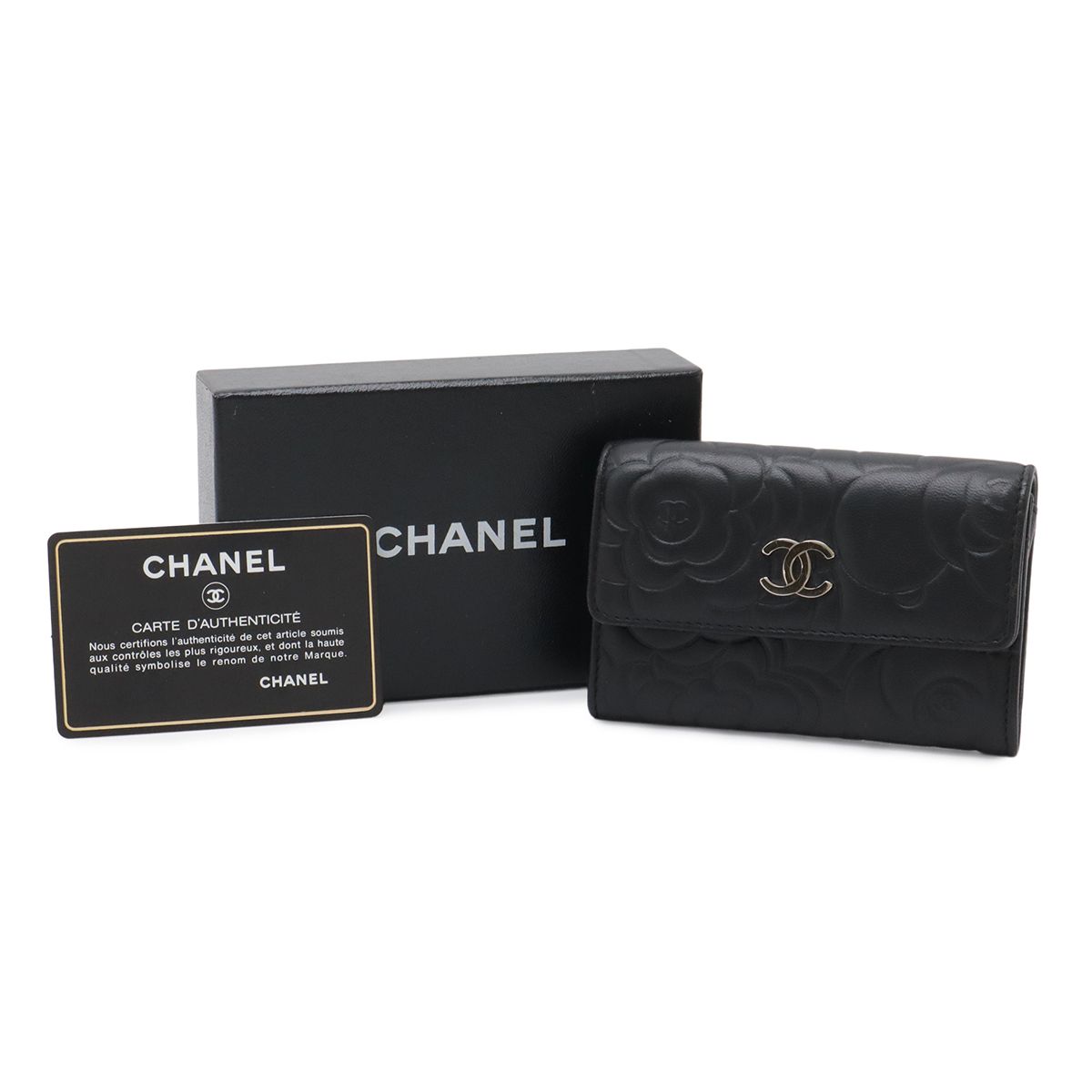 Chanel Camellia Emboss CC Logo Card Case Business Holder Leather Black Silver — view 9