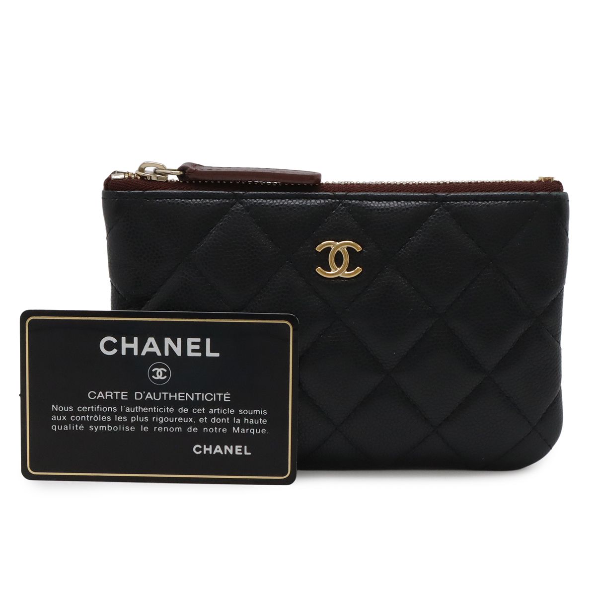 Chanel Quilted CC Logo Classic Small Zip Pouch Case Caviar Leather Black Gold — view 7