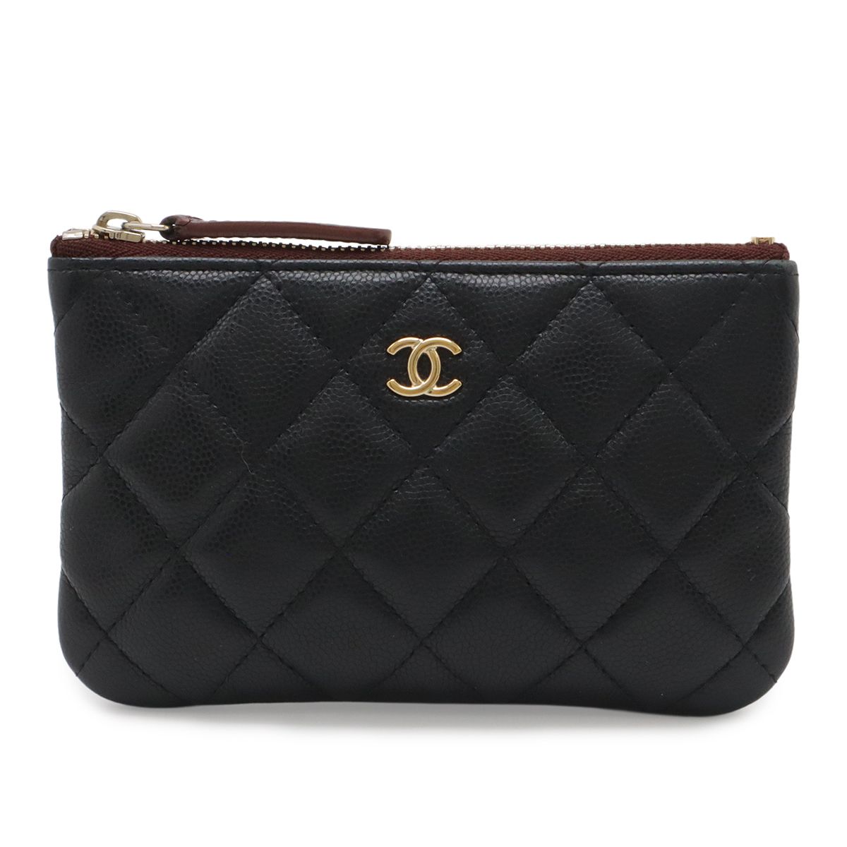 Chanel Quilted CC Logo Classic Small Zip Pouch Case Caviar Leather Black Gold