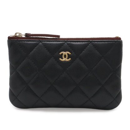 Chanel Quilted CC Logo Classic Small Zip Pouch Case Caviar Leather Black Gold