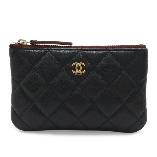 Chanel Quilted CC Logo Classic Small Zip Pouch Case Caviar Leather Black Gold