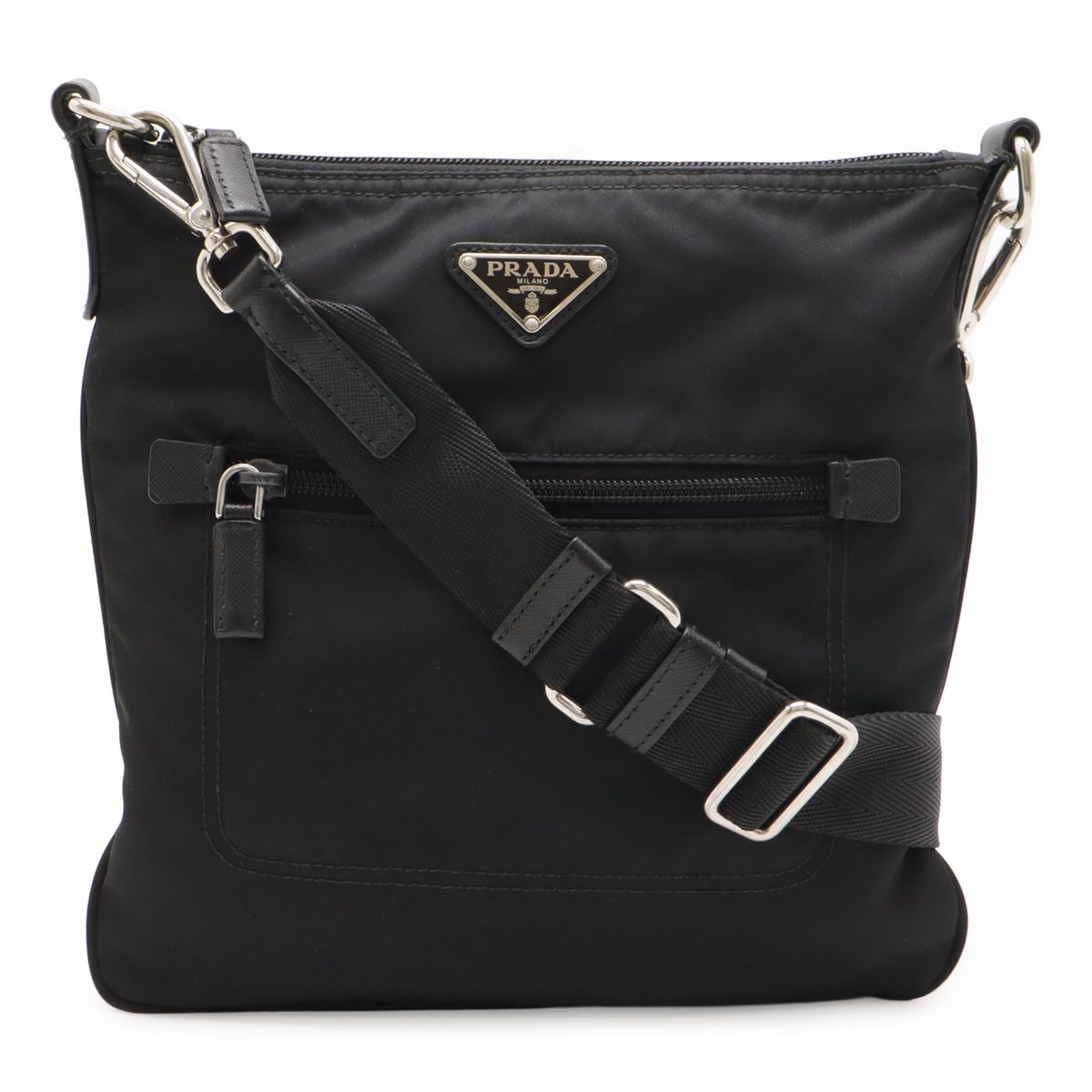Prada Triangle Logo Shoulder Bag Crossbody Nylon Leather Nero Black Silver