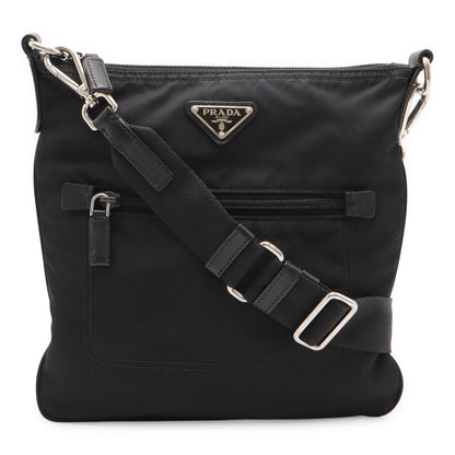 Prada Triangle Logo Shoulder Bag Crossbody Nylon Leather Nero Black Silver