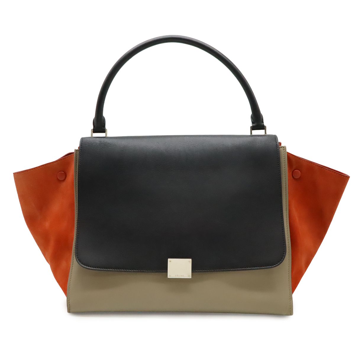Celine Trapeze Handbag One Handle Tricolor Leather Suede Gray Black Poppy Red