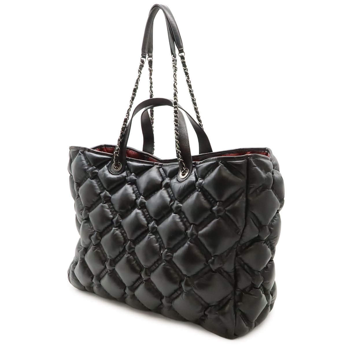 Chanel Bubble Quilt Tote Large 2-Way Handbag Chain Shoulder Leather Black Silver — view 2