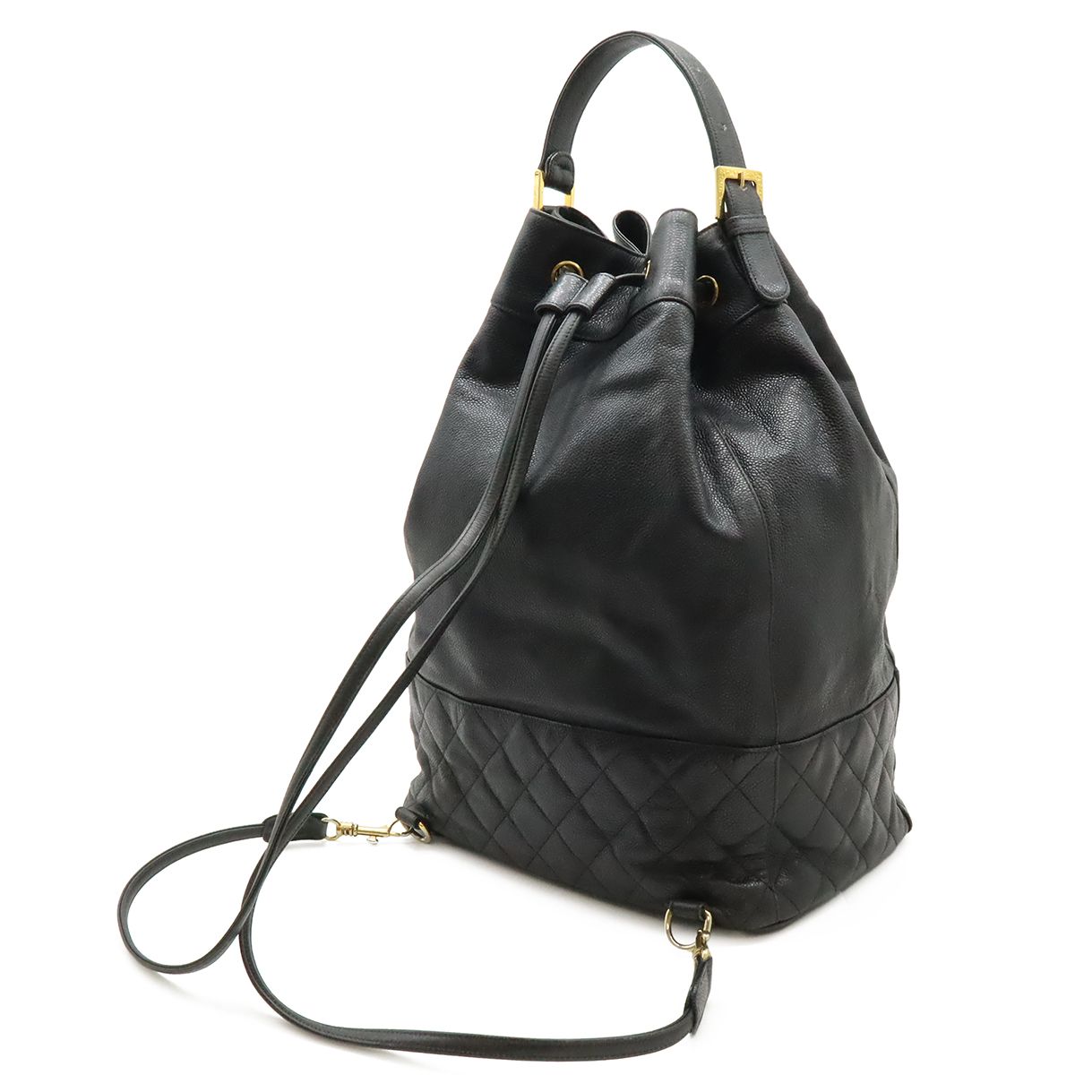 Chanel CC Logo Backpack Sac Shoulder Bag 2-Way Tote Drawstring Black Gold Pouch — view 2