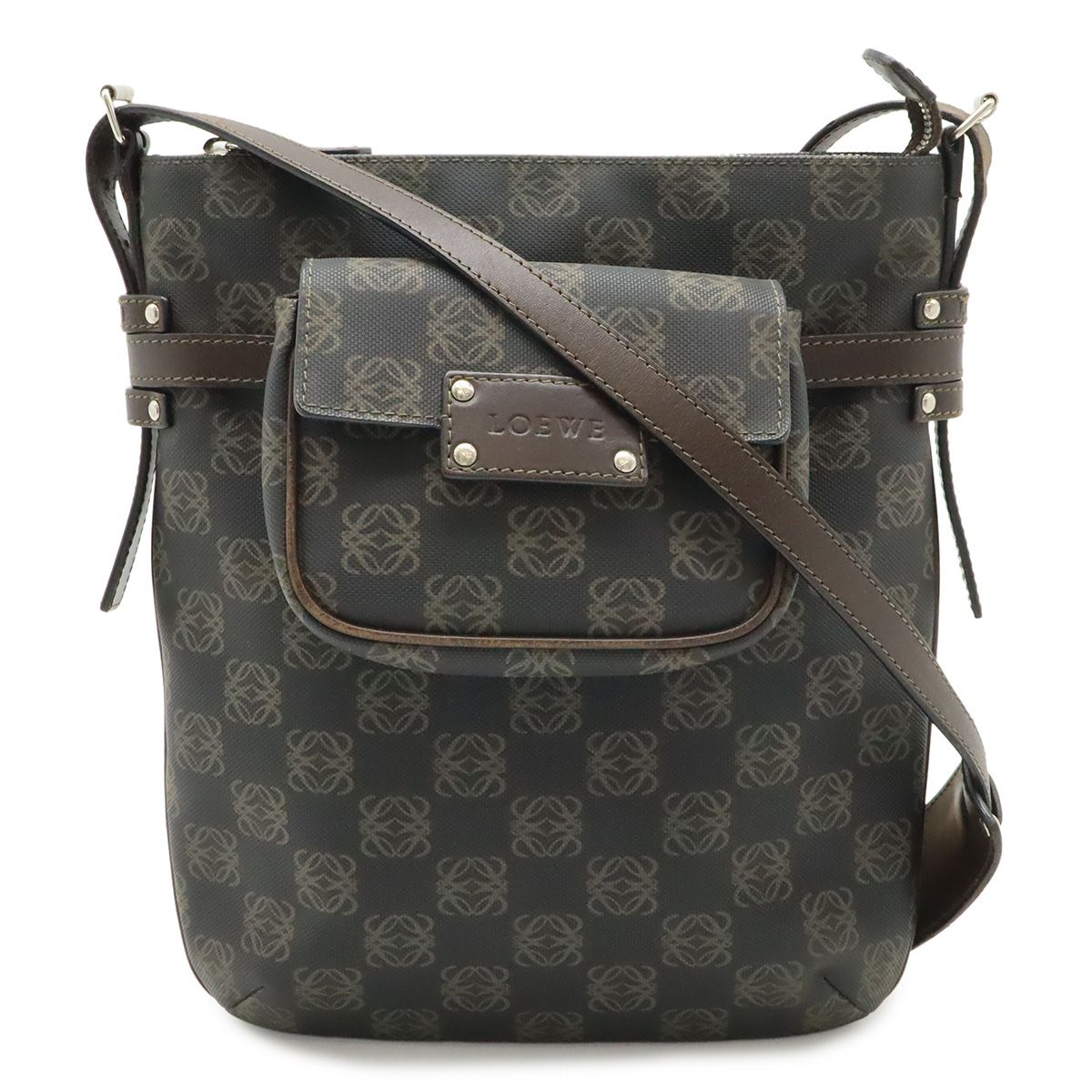 Loewe Anagram Shoulder Bag Crossbody Leather Black Dark Brown Silver
