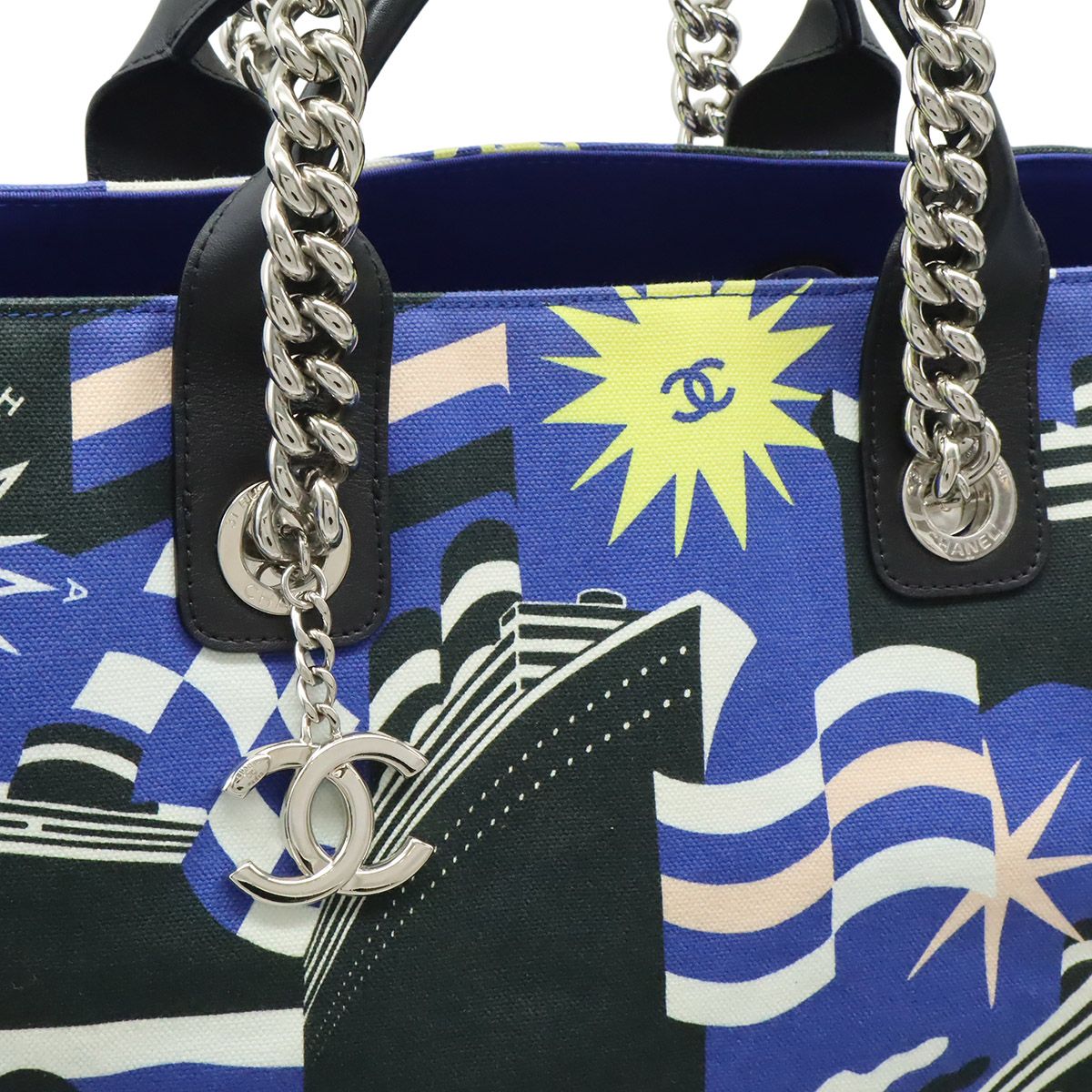 Chanel la Pausa Tote 2-Way Chain Shoulder Bag Ship Motif Canvas Blue Black — view 9