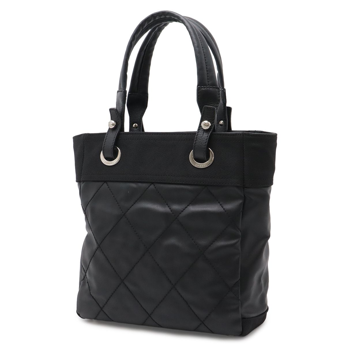 Chanel Paris Biarritz Tote PM Shoulder Bag Leather Black Silver — view 2