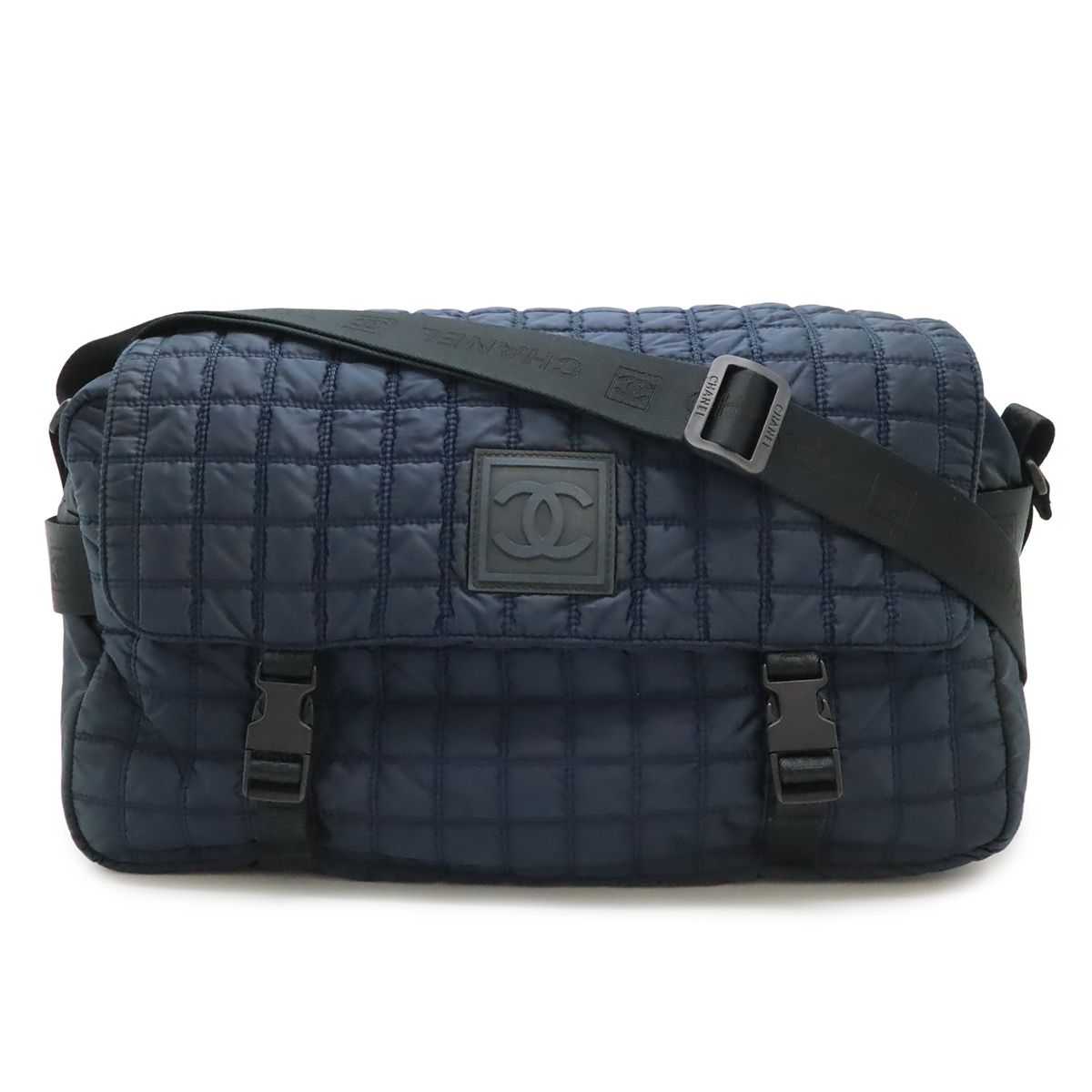 Chanel Sports Line CC Logo Messenger Bag Crossbody Quilted Nylon Navy Black