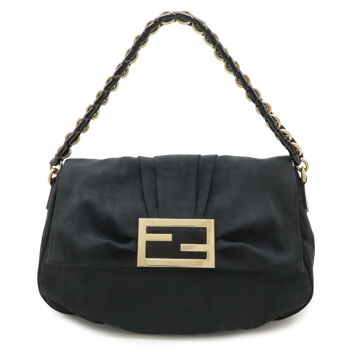 Fendi Shoulder Bag Chain Zucca Pattern Canvas Black Gold