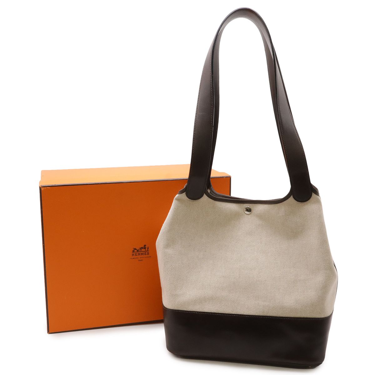 Hermes Picotin GM Long Shoulder Tote Bag Canvas Leather Natural Dark Brown — view 9