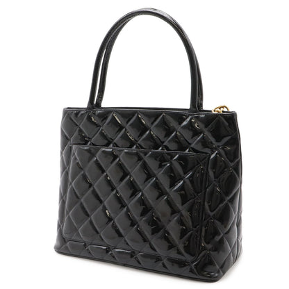 Chanel Quilted CC Logo Medallion Tote Shoulder Bag Enamel Leather Black Gold — view 2