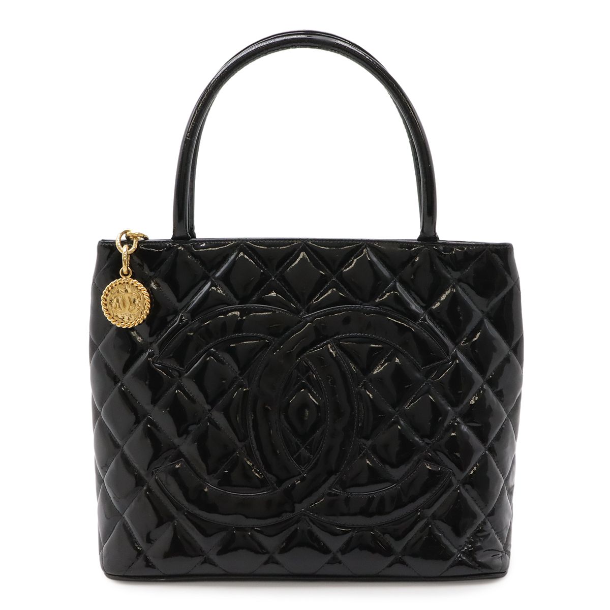 Chanel Quilted CC Logo Medallion Tote Shoulder Bag Enamel Leather Black Gold