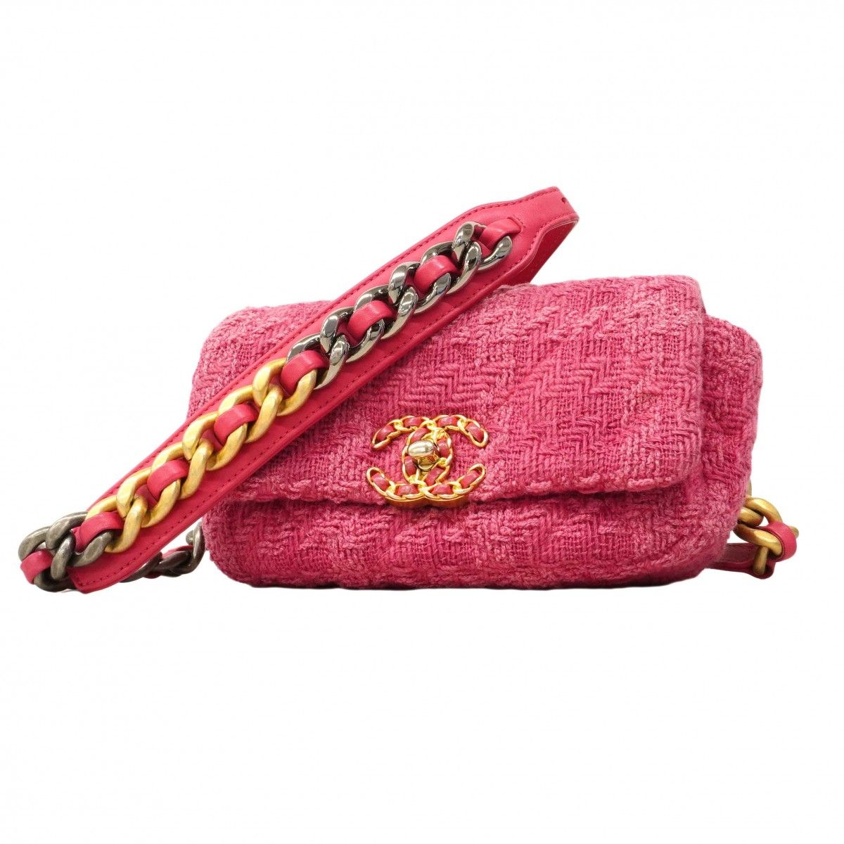Chanel Shoulder Bag 19 Tweed Pink Gold Silver