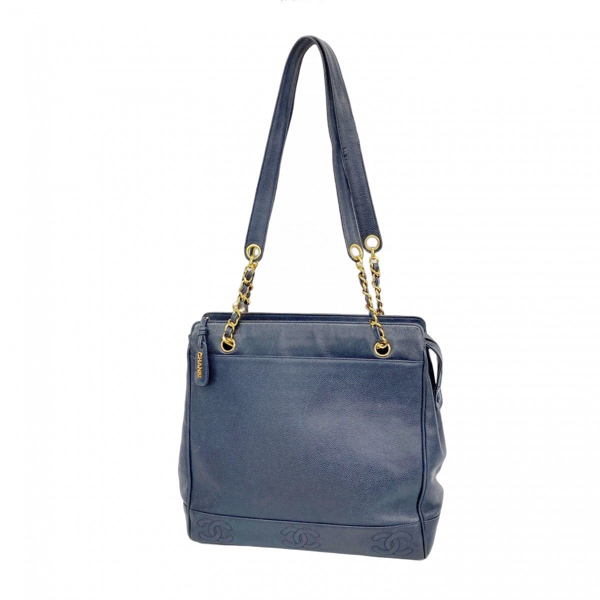 Chanel Chain Tote Triple Coco Caviar Leather Navy Gold
