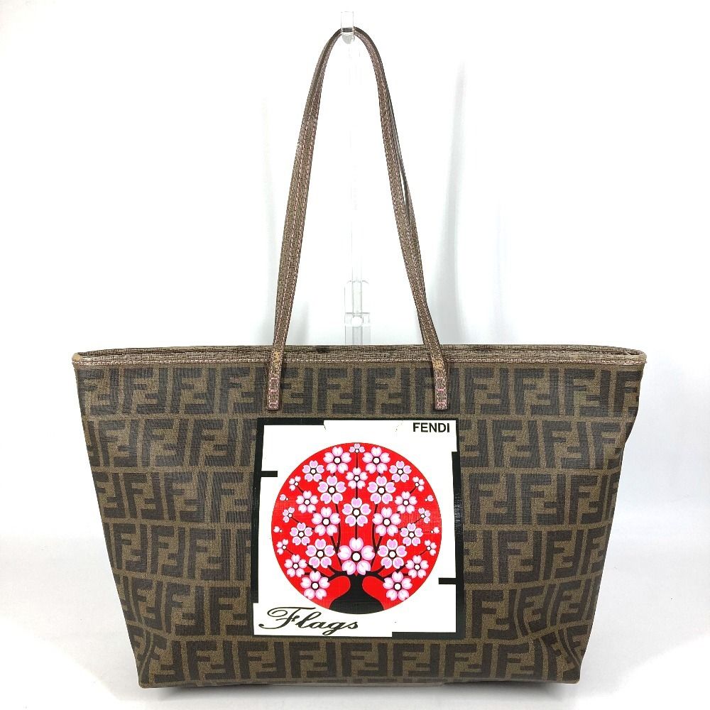 Fendi Shoulder Bag Cherry Blossom Zucca Logo Leather Brown