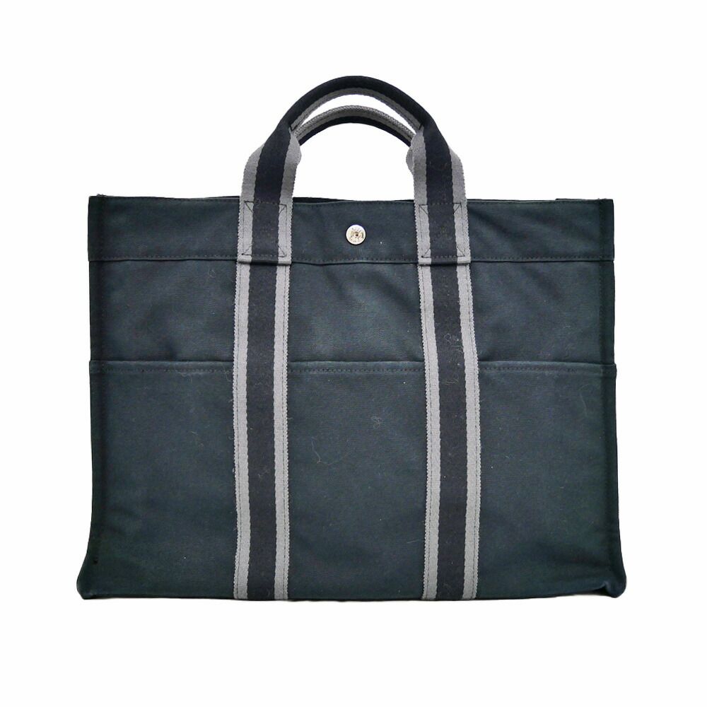 Hermes Fourre Tout MM Handbag Tote Black Gray Cotton Hand Silver