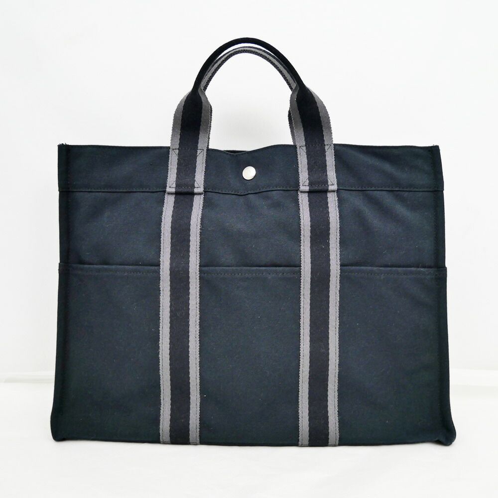 Hermes Fourre Tout MM Handbag Tote Black Gray Cotton Hand Silver — view 2