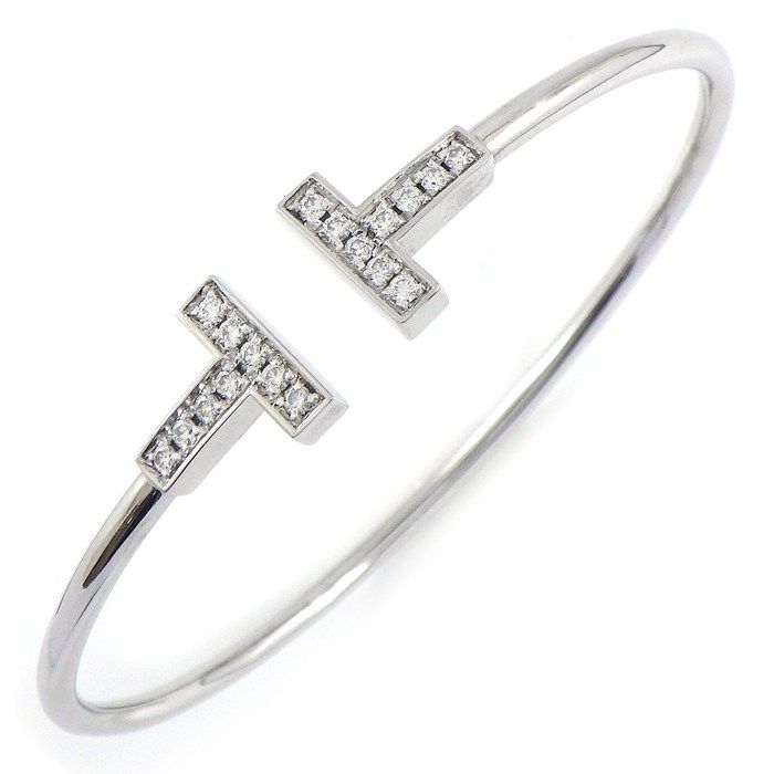 Tiffany & Co Bangle T Wire Diamond Total 18k White Gold Bracelet
