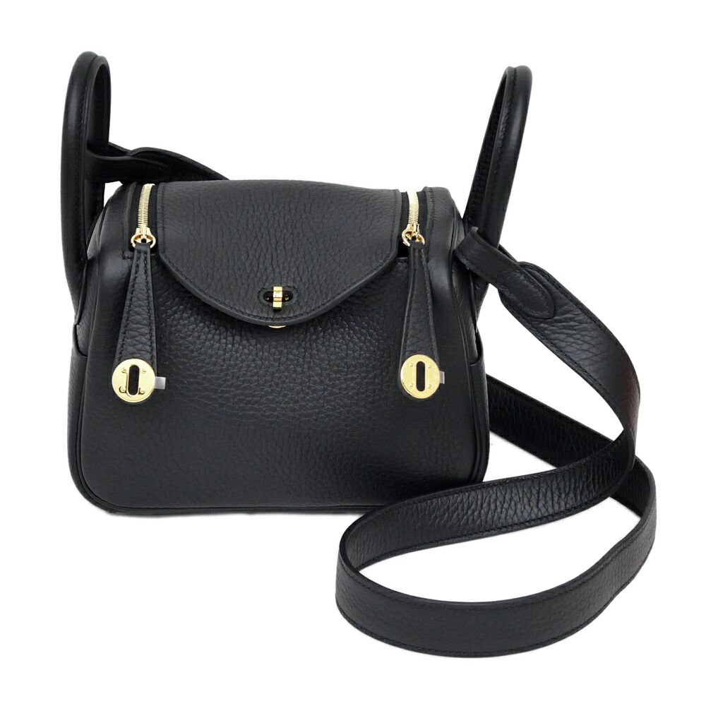 Hermes Lindy Mini Taurillon Clemence Noir Black Gold Shoulder Bag Leather
