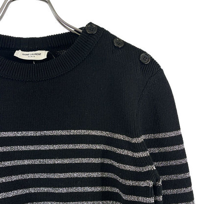 Saint Laurent Paris Cotton Wool Border Crew Neck Knit S Black Silver Sweater — view 2