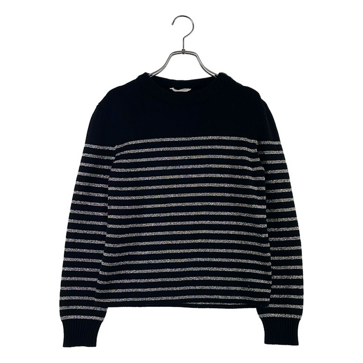Saint Laurent Paris Cotton Wool Border Crew Neck Knit S Black Silver Sweater