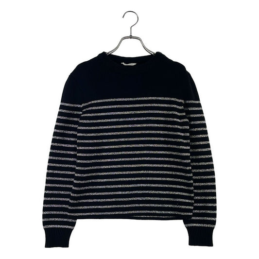 Saint Laurent Paris Cotton Wool Border Crew Neck Knit S Black Silver Sweater