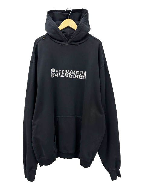 Balenciaga Destroyed Logo Print Hoodie Pullover Xxs Black