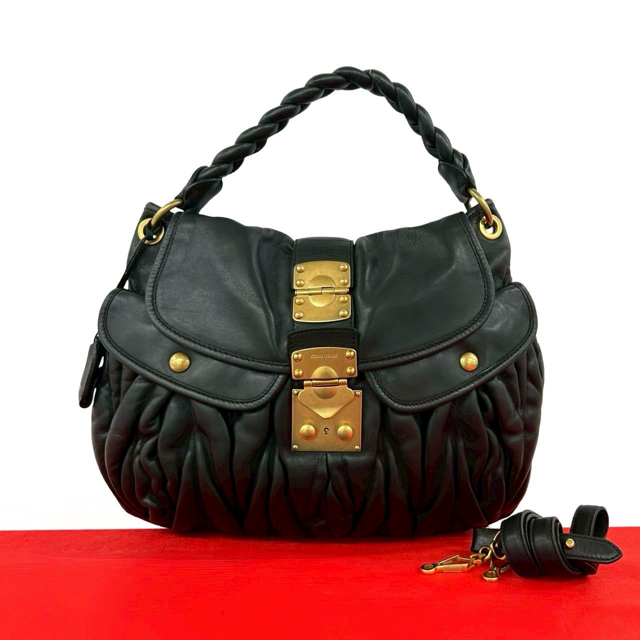 Miu Miu Matelasse Logo Leather 2-Way Tote Shoulder Bag Black