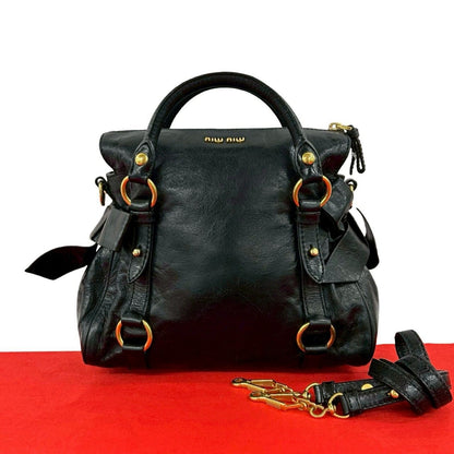 Miu Miu Logo Leather 2-Way Mini Tote Shoulder Bag Black