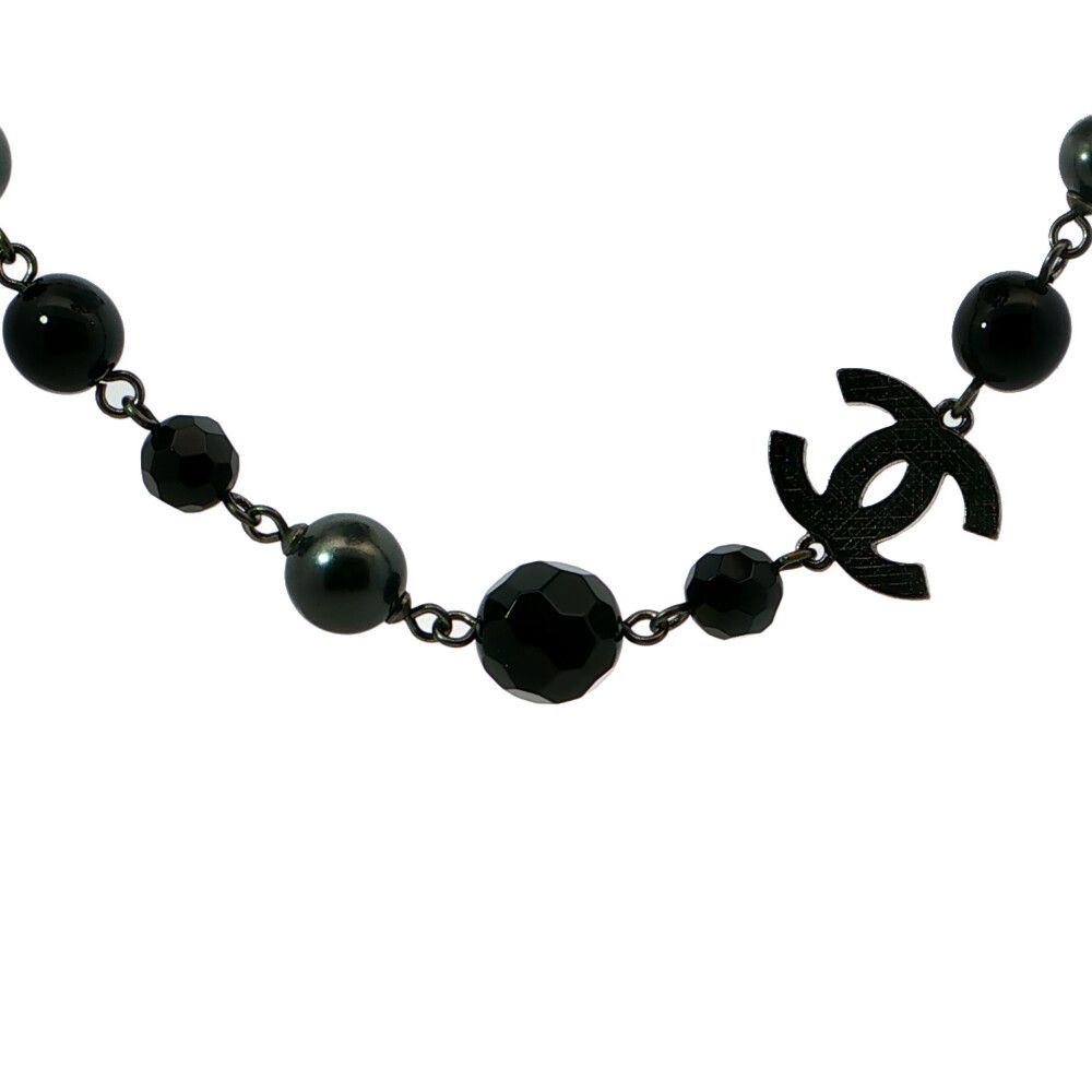 Chanel Costume Pearl CC Logo Long Necklace Pendant Alloy Black