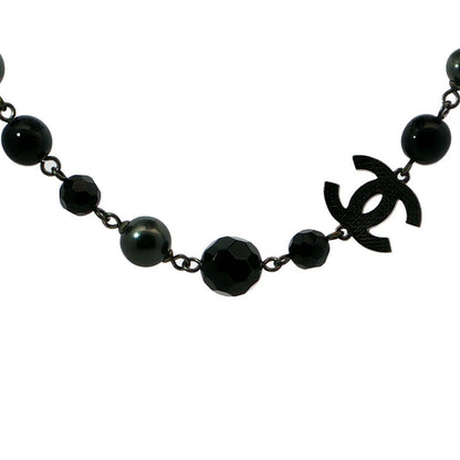 Chanel Costume Pearl CC Logo Long Necklace Pendant Alloy Black
