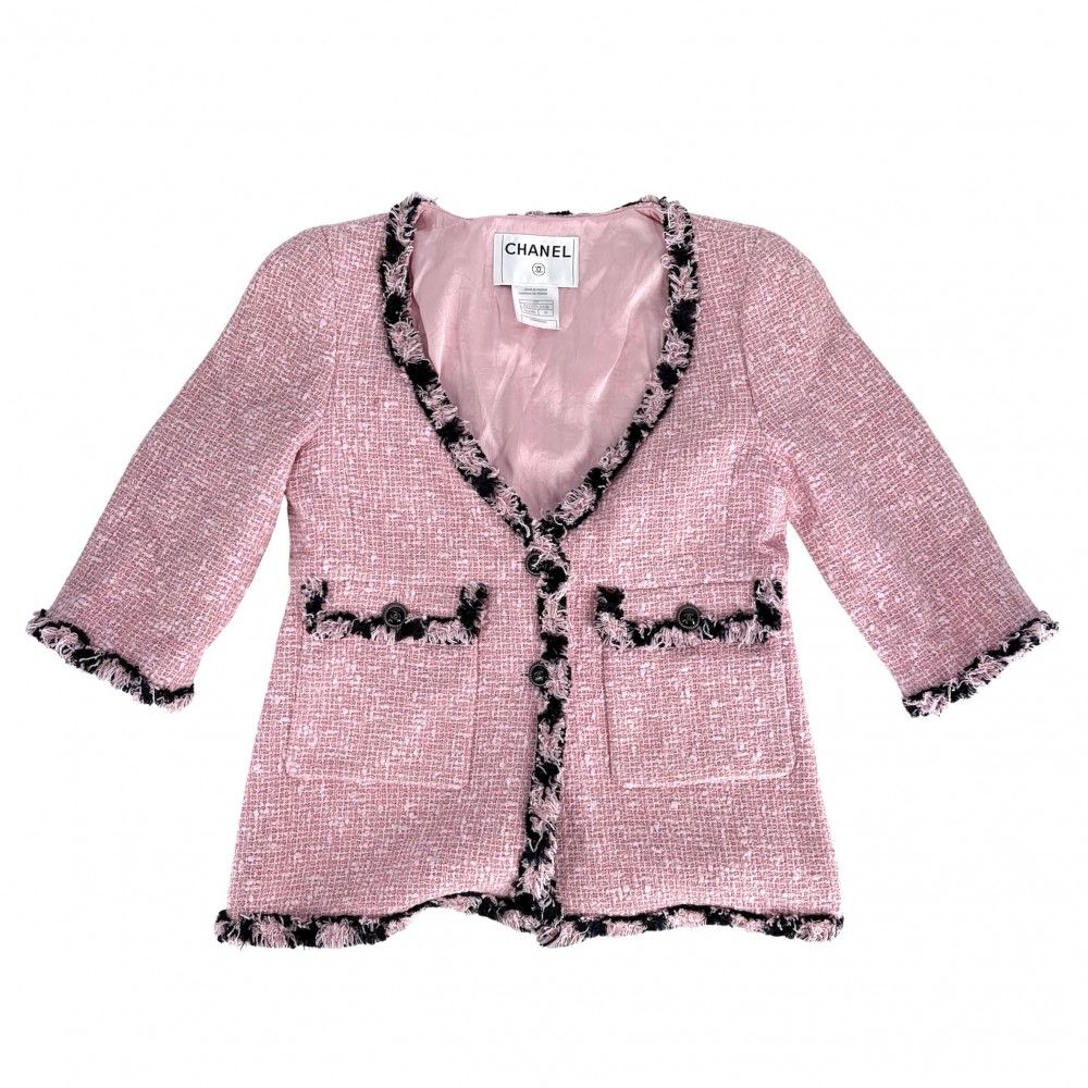 Chanel Logo Button Collarless Jacket Tweed Vintage 38 Pink Cotton Acrylic