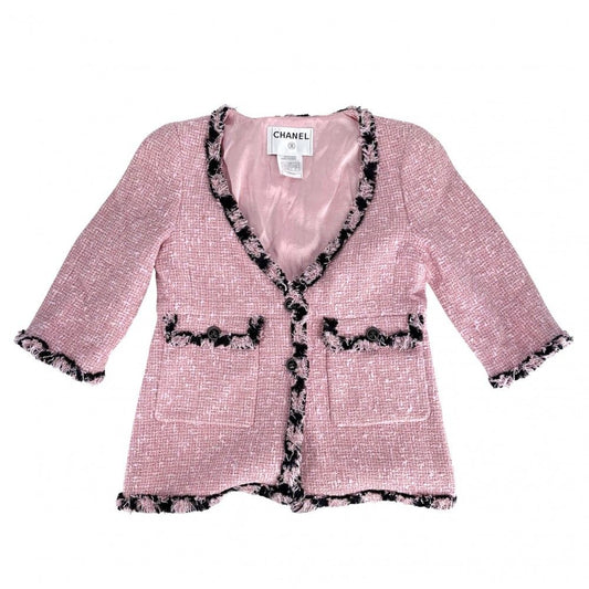 Chanel Logo Button Collarless Jacket Tweed Vintage 38 Pink Cotton Acrylic